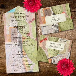 Colourful Watercolor Old Town Mexican Wedding All In One Invitation