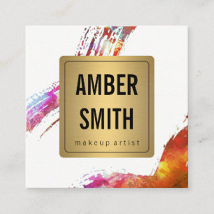 Colourful Watercolor Paint Brushed Gold Faux Label Square Business Card