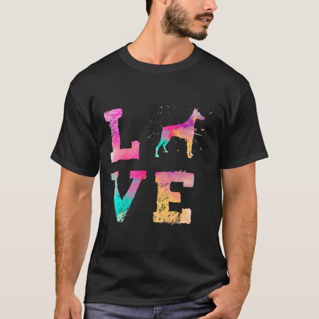 Colourful Watercolor Paint Doberman Pinscher Dog T-Shirt (Front)
