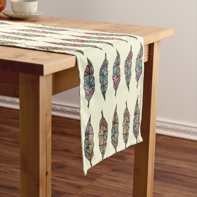 Colourful Watercolor Painted Geometric Feathers Short Table Runner (In Situ)