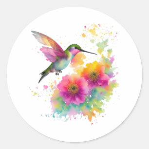 Colourful watercolor painting of a hummingbird classic round sticker
