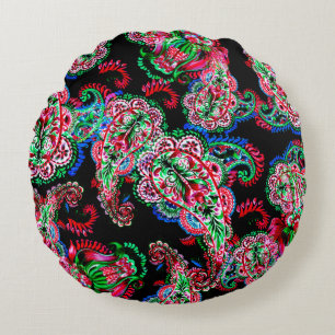 Colourful watercolor paisley floral illustration p round cushion