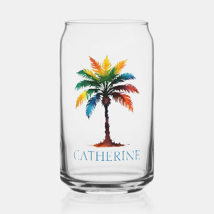 Colourful Watercolor Palm Tree Personalised Can Glass