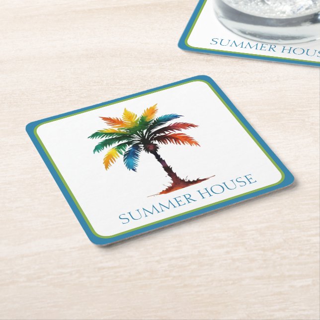 Colourful Watercolor Palm Tree Personalised Square Paper Coaster (Angled)