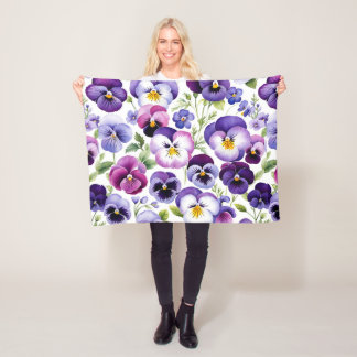 Colourful Watercolor Pansy Flowers White Backgroun Fleece Blanket