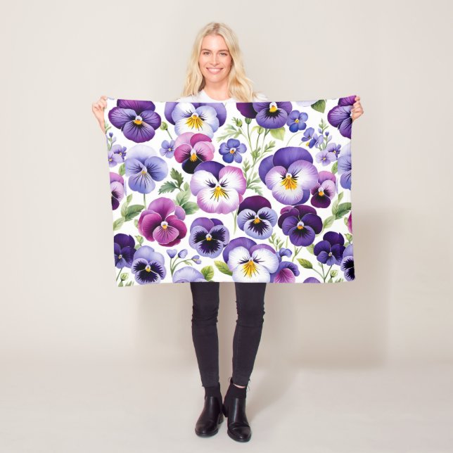 Colourful Watercolor Pansy Flowers White Backgroun Fleece Blanket (In Situ)