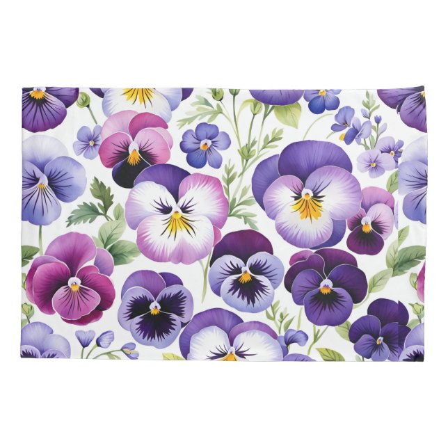 Colourful Watercolor Pansy Flowers White Backgroun Pillowcase (Back)