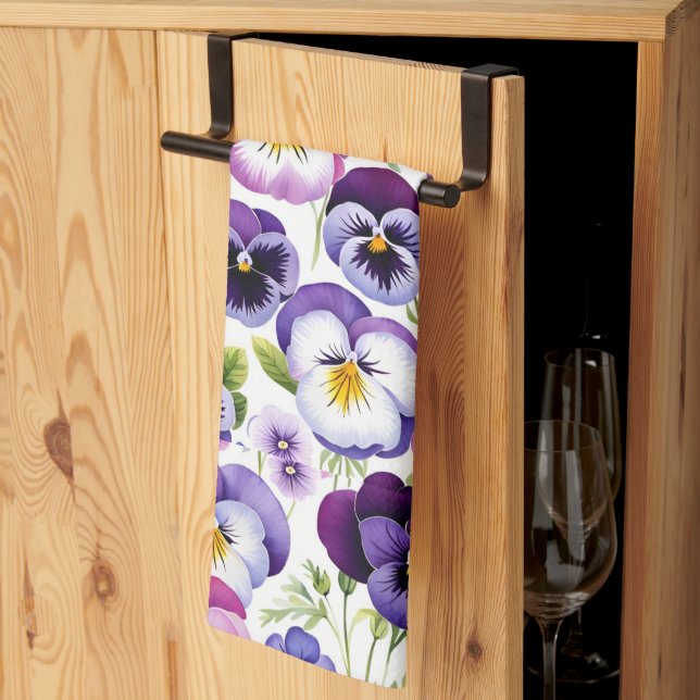 Colourful Watercolor Pansy Flowers White Backgroun Tea Towel (Thirds Fold)