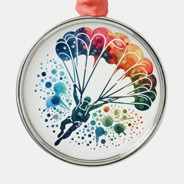 Colourful Watercolor Parachutist Metal Ornament (Front)