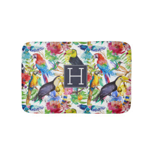 Colourful Watercolor Parrots   Add Your Initial Bath Mat