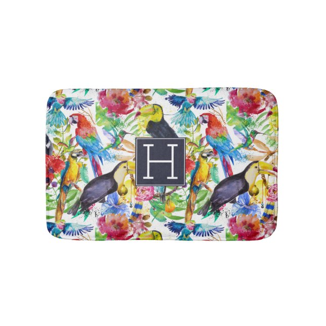 Colourful Watercolor Parrots | Add Your Initial Bath Mat (Front)
