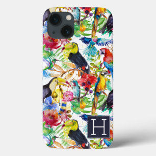 Colourful Watercolor Parrots Add Your Initial iPhone 13 Case