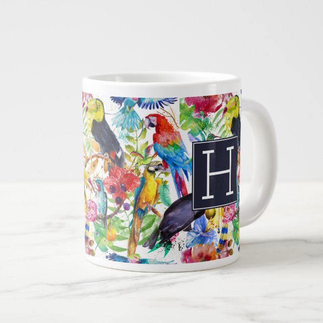 Colourful Watercolor Parrots | Add Your Initial Large Coffee Mug (Front Right)
