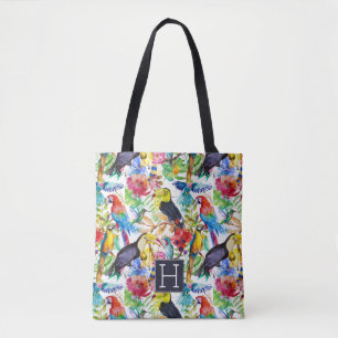 Colourful Watercolor Parrots Add Your Initial Tote Bag