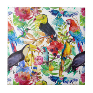 Colourful Watercolor Parrots Ceramic Tile
