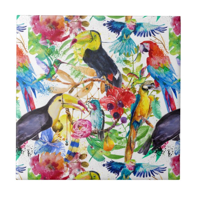 Colourful Watercolor Parrots Ceramic Tile (Front)