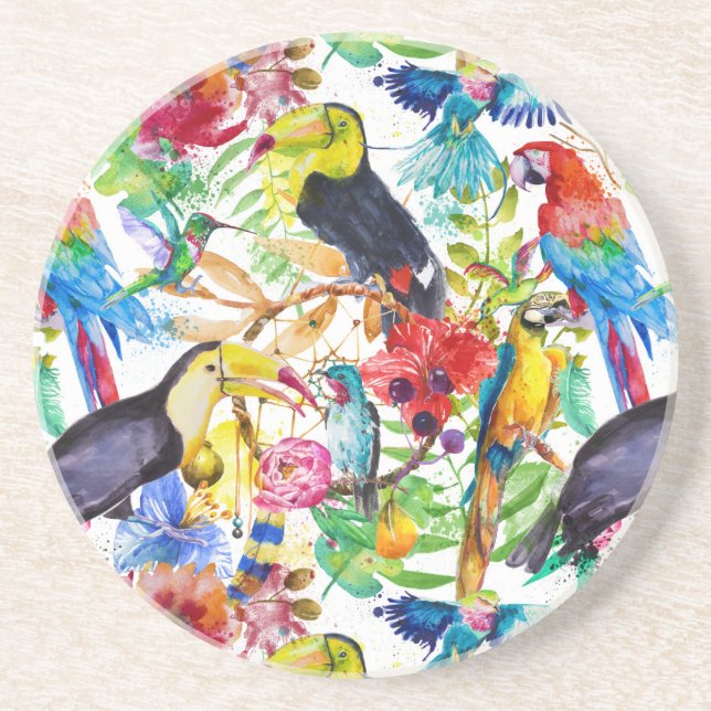 Colourful Watercolor Parrots Coaster (Front)