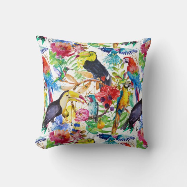 Colourful Watercolor Parrots Cushion (Front)