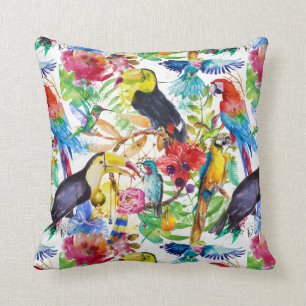 Colourful Watercolor Parrots Cushion