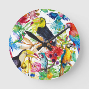 Colourful Watercolor Parrots Round Clock