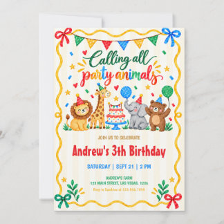 Colourful Watercolor Party Animals Birthday Invitation