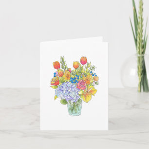 Colourful Watercolor, Pen & Ink Floral Bouquet Note Card
