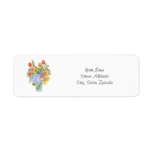 Colourful Watercolor, Pen & Ink Floral Bouquet Return Address Label