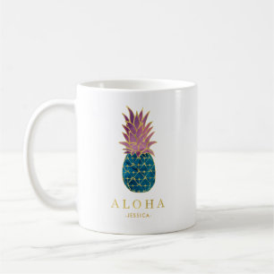 Colourful Watercolor Pineapple and Gold Aloha Coffee Mug