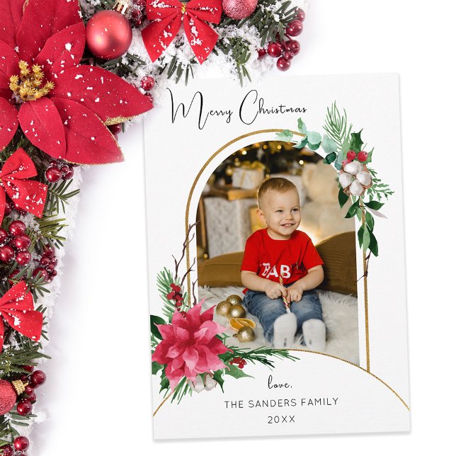 Colourful Watercolor Poinsettias, Pine & Arch Phot Holiday Card (Creator Uploaded)