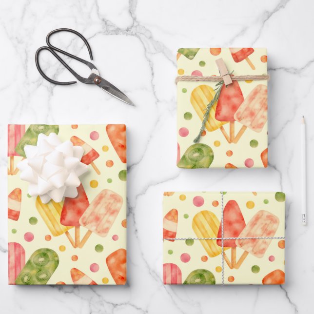 Colourful Watercolor Popsicles Wrapping Paper Sheet (Front)