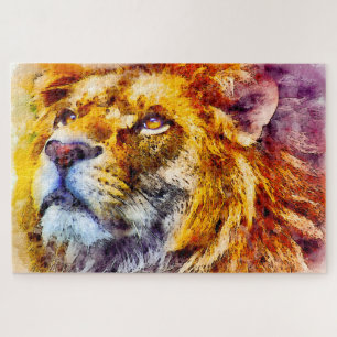 Colourful watercolor portrait of African lion, Jigsaw Puzzle