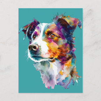 Colourful Watercolor Portrait of Border Collie Dog Postcard