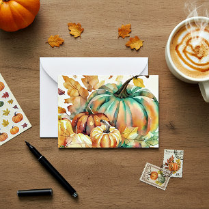 Colourful watercolor pumpkins and leaves card