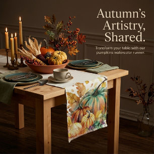 Colourful watercolor pumpkins and leaves medium table runner