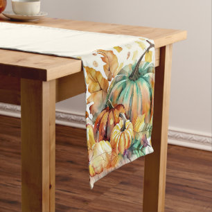 Colourful watercolor pumpkins and leaves medium table runner