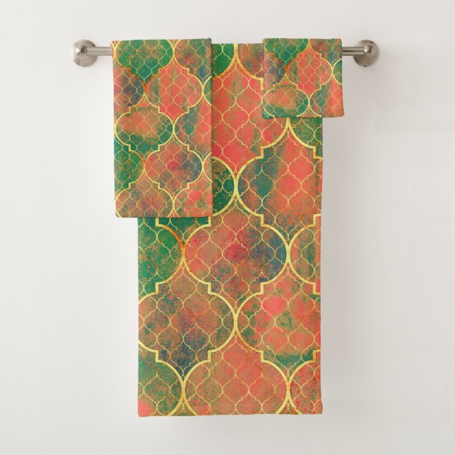 Colourful Watercolor Quatrefoil Pattern Bath Towel Set (Insitu)