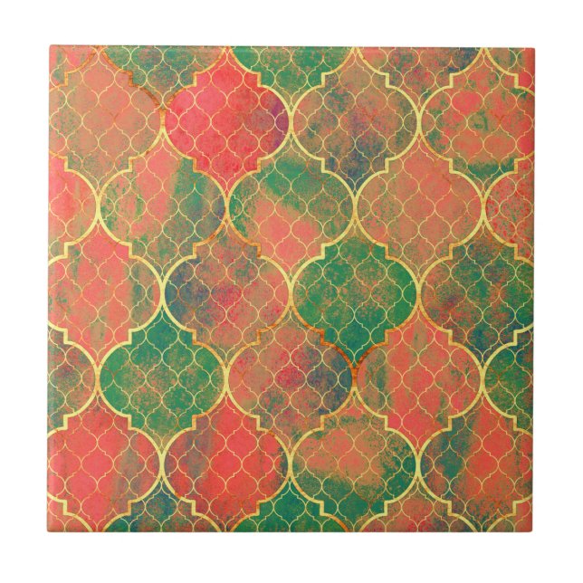Colourful Watercolor Quatrefoil Pattern Ceramic Tile (Front)