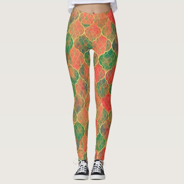 Colourful Watercolor Quatrefoil Pattern Leggings (Front)