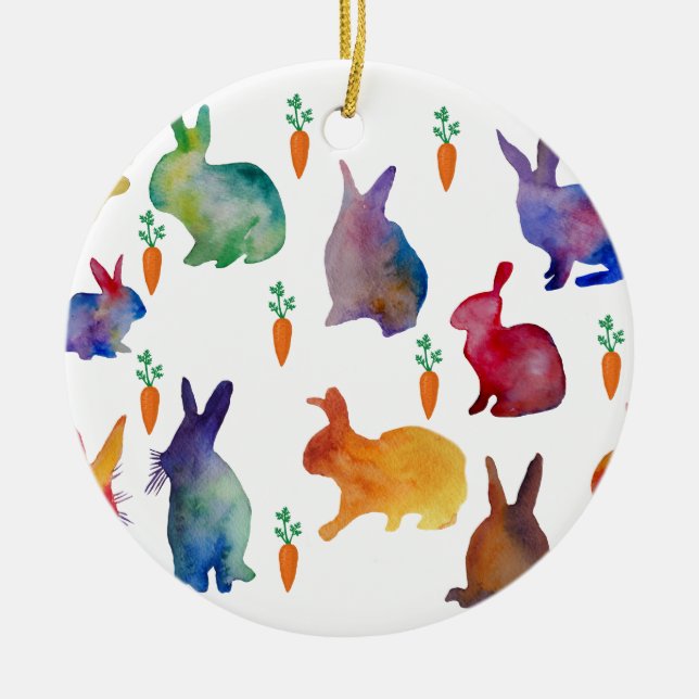 Colourful Watercolor Rabbits Easter Ceramic Ornament (Front)