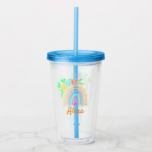 Colourful watercolor rainbow boho floral add name acrylic tumbler