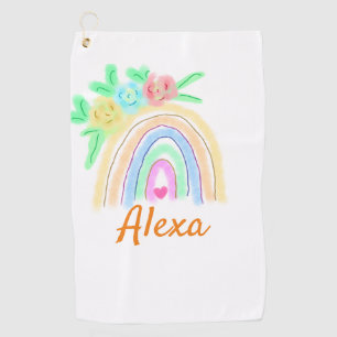 Colourful watercolor rainbow boho floral add name golf towel