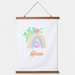 Colourful watercolor rainbow boho floral add name hanging tapestry