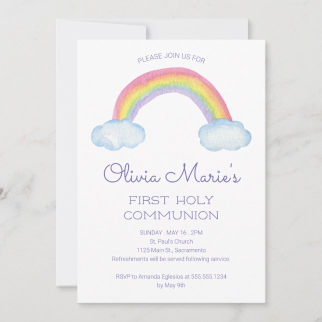 Colourful Watercolor Rainbow First Holy Communion Invitation (Front)