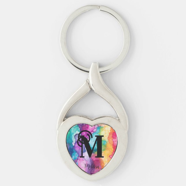Colourful Watercolor Rainbow  monogram Key Ring (Front)