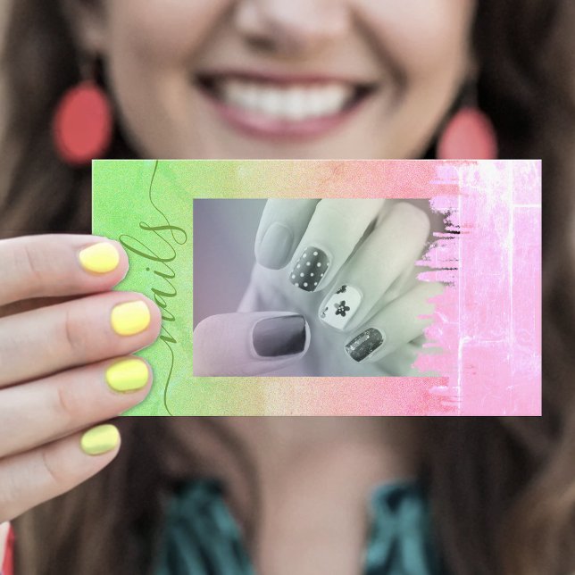 Colourful Watercolor Rainbow Nails Photo Template Business Card (Creator Uploaded)