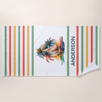 Colourful Watercolor Sailboat Monogramed  Beach Towel