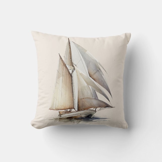 Colourful Watercolor Sailboat Throw Pillow (Front)