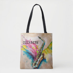 Colourful Watercolor Saxophone Splash Custom Tote Bag