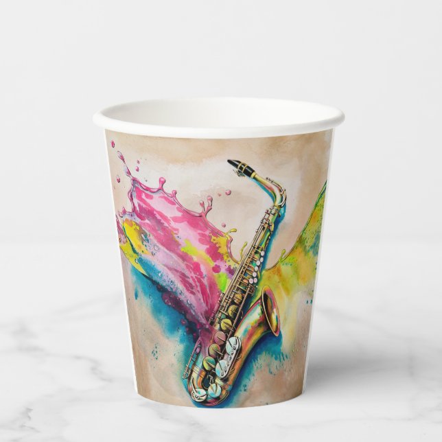 Colourful Watercolor Saxophone Splash Paper Cups (Front)