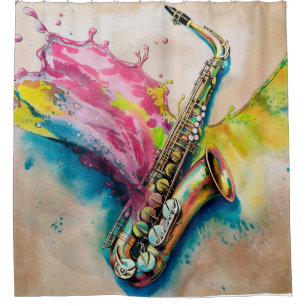 Colourful Watercolor Saxophone Splash Shower Curtain